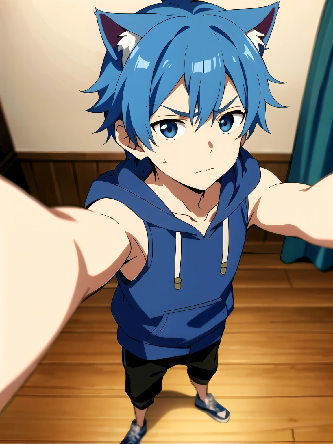 Highres, Masterpiece, Best quality at best,Best Quality,hight quality, hight detailed, 1boy, Blue hair, straight hair, Shota, Cat ear, Sweat, Sleeveless hoodie, Selfie, Body, Depth of field, Anime Screencap Style, thin line, Seen from above, Cute boy, (very small and short stature), (very young boy), 12-year-old boys, Blurry beckground