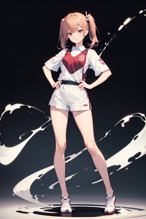 Masterpiece,Full body view、Standing Accurately, Toes on the feet、Misaka Mikoto、Beauty、Sexy pose、Track and field club、Brief uniform、Latex shorts , No sleeve、Hands on hips