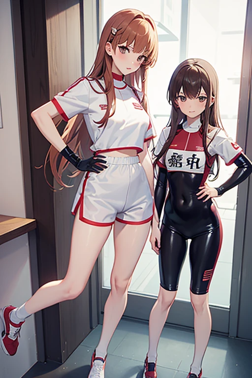 Masterpiece,Full body view、Standing Accurately, Toes on the feet、Misaka Mikoto、Beauty、Sexy pose、Track and field club、Brief uniform、Latex shorts , No sleeve、Hands on hips