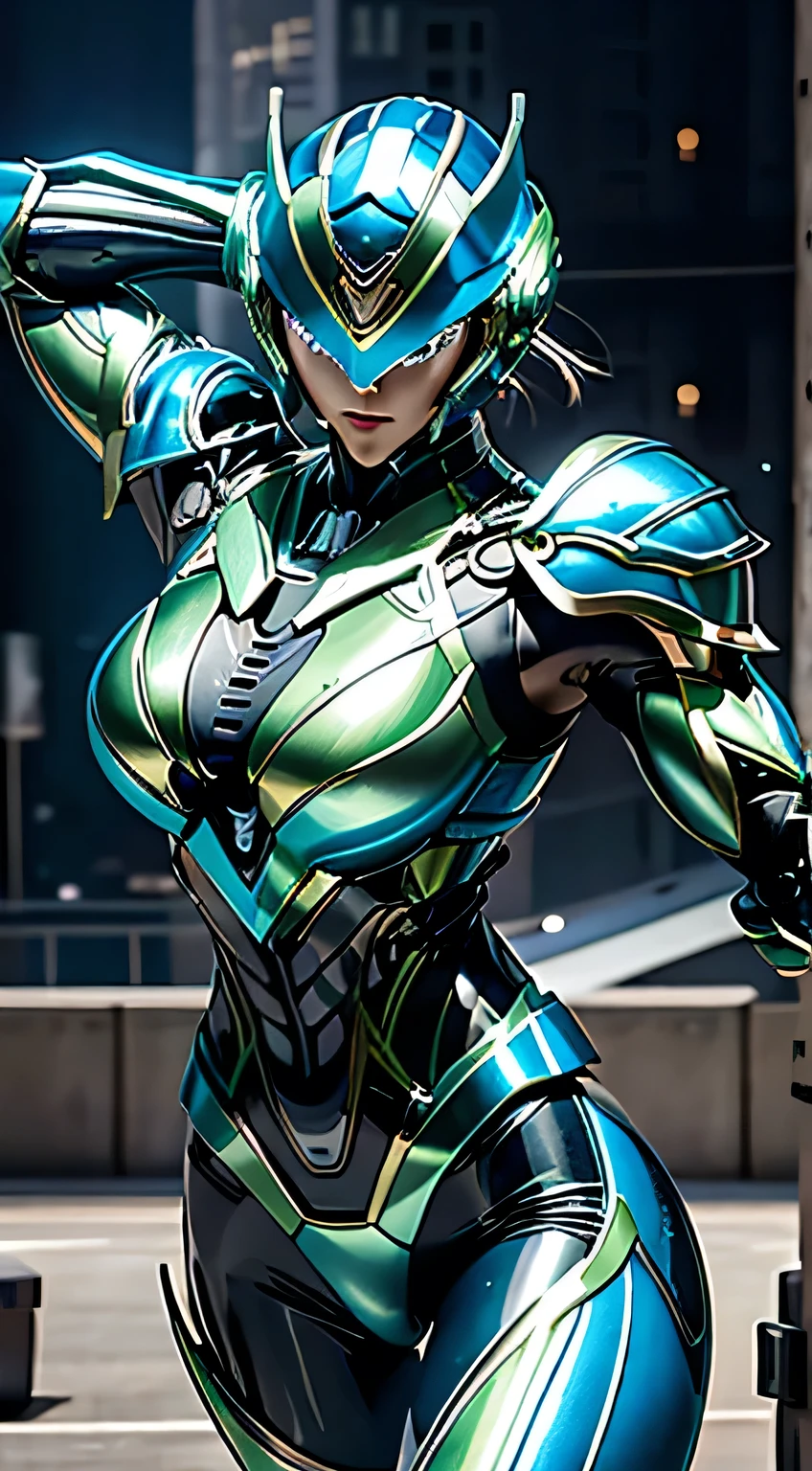 Female Robocop Solo、Bright outdoors、strong light source、8K, high quality, masterpiece, 最high quality、Very detailed、Armor that completely covers the whole body、Very large armor、Helmet covering the head、Clear photos、The eyes are hidden by thin, straight goggles:1.3、The lower half of the face is flesh:1.5、Face with exposed skin below the nose:5.0、Luscious lips、Fluorescent blue-green metallic armor with thin white lines、Armor that completely covers the chest、Long, slender legs、Vivid poseable body view,Big and ample breasts:1.5, (Sports Body:1.5)、Five Fingers、Photos in the city
