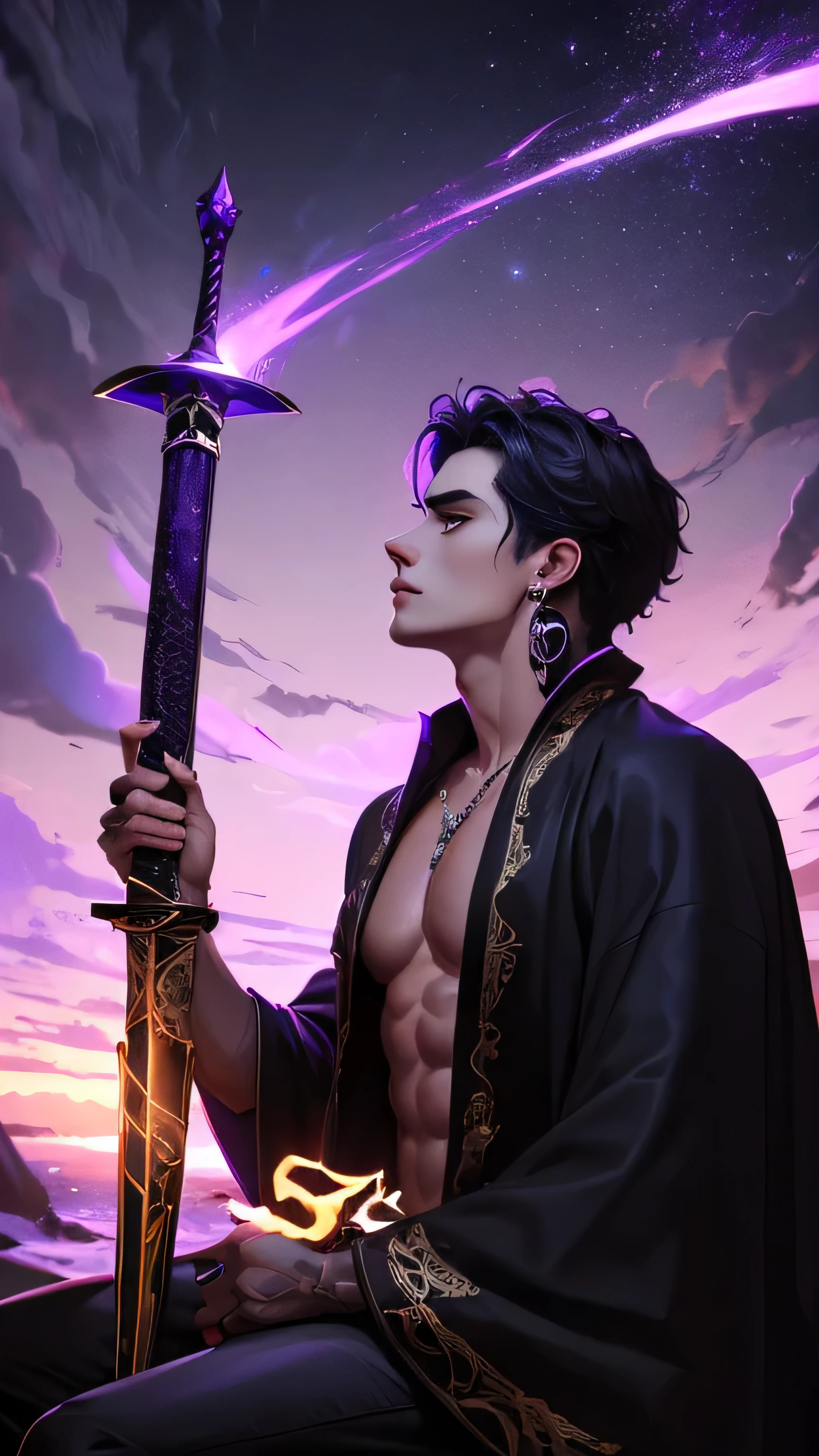 (absurdres, highres, ultra detailed, HDR), masterpiece, best quality, vampire male sitting on demon with a giant eye, in arrogant look, solo, vampire, DEVIL, disgusting, black demon wing, demon horn, handsome, purple eye, glowing eye, black robe, earring and accessory, bare chest, arrogant face, full body, magic vortex, spark, swirl, black and purple aura, dark purple cloudy sky, abyss, abstract background, from side, look up, Holding demon sword