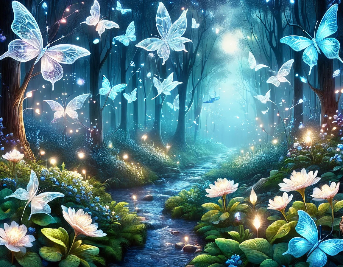 ((mariposa azul: 1.5)), (Obra maestra), (mejor calidad: 1.0), (ultra high resolution: 1.0), detailed illustration, paisaje detallado, bosque , helechos, plantas, vibrante colores, 8k, Noche, nubes lunares, ((magical, hermoso: 1.4 )), ((mejor calidad, vibrante, 32k de luz y sombras bien definidas)).