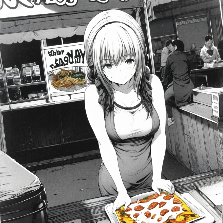 A woman making nachos at a food stall in a Mexican night street　Tight clothing　highest quality　Color