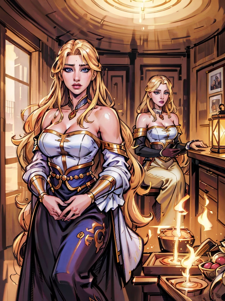 An incredibly beautiful young femme fatale is a golden-haired blonde with long hair and blue eyes, dressed in traditional clothes. Masterpiece, perfect image, realistic shots, detailed study of the face, full-length image, 8k, detailed image. extremely detailed illustration, a real masterpiece of the highest quality, with careful drawing.,