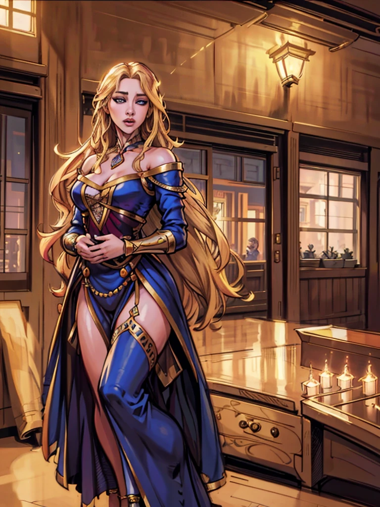 An incredibly beautiful young femme fatale is a golden-haired blonde with long hair and blue eyes, dressed in traditional clothes. Masterpiece, perfect image, realistic shots, detailed study of the face, full-length image, 8k, detailed image. extremely detailed illustration, a real masterpiece of the highest quality, with careful drawing.,