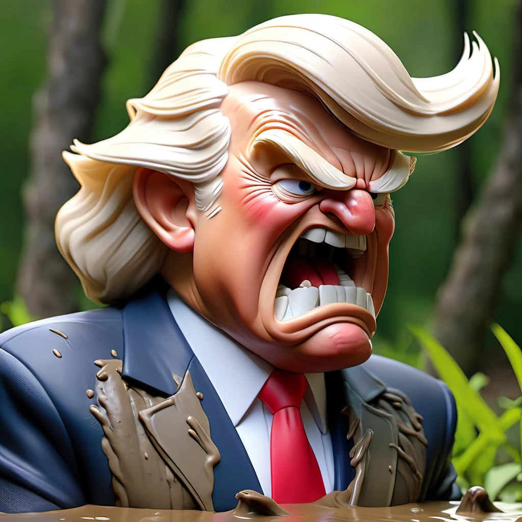 best quality,4k,8k,highres,masterpiece:1.2,ultra-detailed,realistic:1.37,predator,portrait,Trump in Dutch's role,Trump covered in mud,beating the stuffing out of Biden-themed Predator,White House,action-packed,aggressive lighting,vivid colors,Trump's fierce expression,strong muscles,sweat dripping,thick mud on Trump's body,Predator's Biden-themed markings,Trump's powerful punches,Trump's determined eyes,Trump's intense concentration,Trump's firm stance,explosive action,chaotic battle,shattered glass,crumbling walls,Trump's triumph,Trump's dominance,instant classic