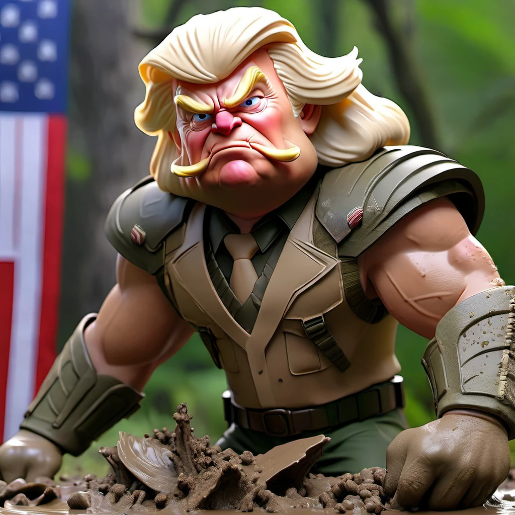 best quality,4k,8k,highres,masterpiece:1.2,ultra-detailed,realistic:1.37,predator,portrait,Trump in Dutch's role,Trump covered in mud,beating the stuffing out of Biden-themed Predator,White House,action-packed,aggressive lighting,vivid colors,Trump's fierce expression,strong muscles,sweat dripping,thick mud on Trump's body,Predator's Biden-themed markings,Trump's powerful punches,Trump's determined eyes,Trump's intense concentration,Trump's firm stance,explosive action,chaotic battle,shattered glass,crumbling walls,Trump's triumph,Trump's dominance,instant classic