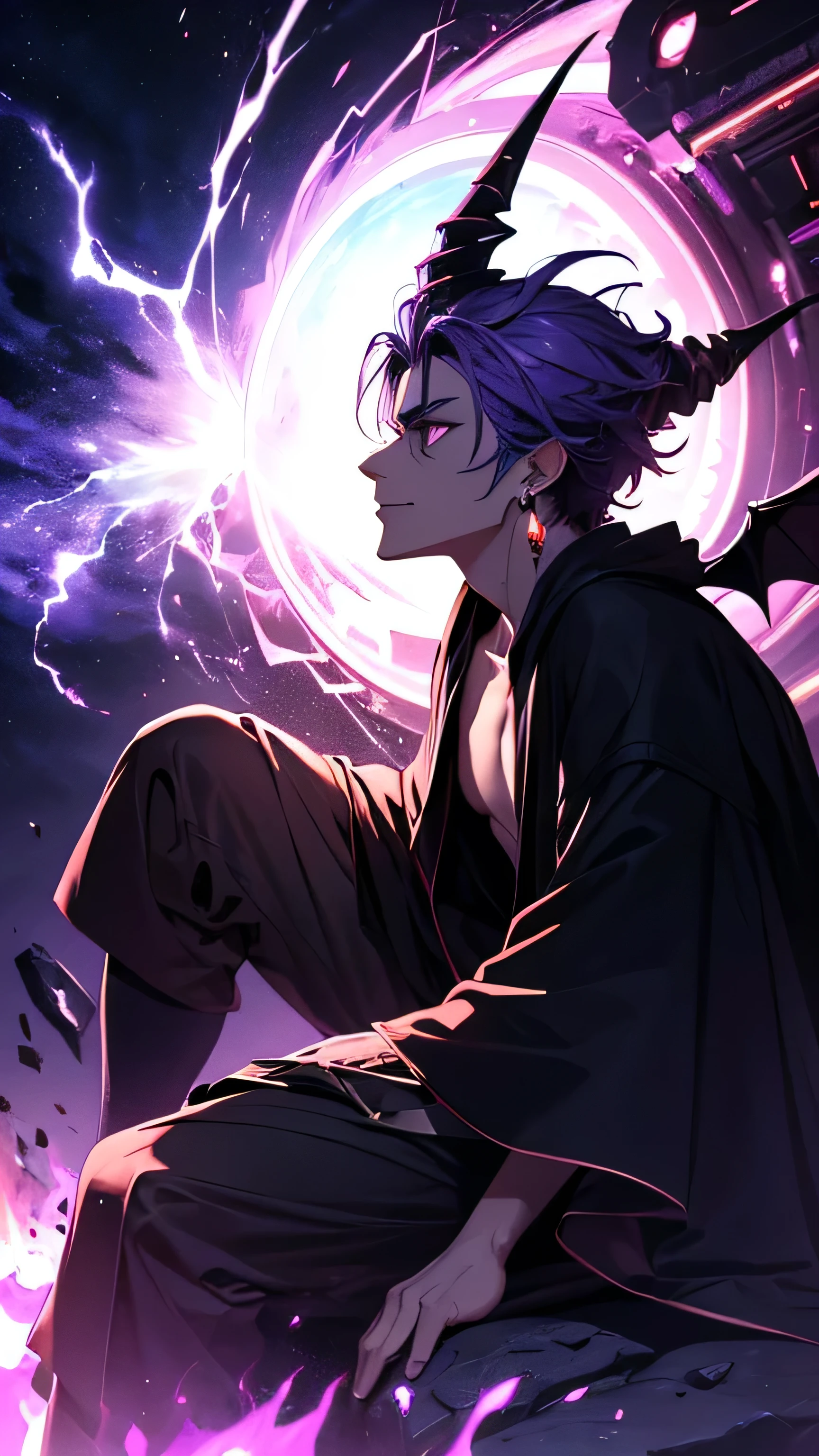 (absurdres, highres, ultra detailed, HDR), masterpiece, best quality, vampire male sitting on demon with a giant eye, in arrogant look, solo, vampire, DEVIL, disgusting, black demon wing, demon horn, handsome, purple eye, glowing eye, black robe, earring and accessory, bare chest, arrogant face, full body, magic vortex, spark, swirl, black and purple aura, dark purple cloudy sky, abyss, abstract background, from side, look up, evil smile
