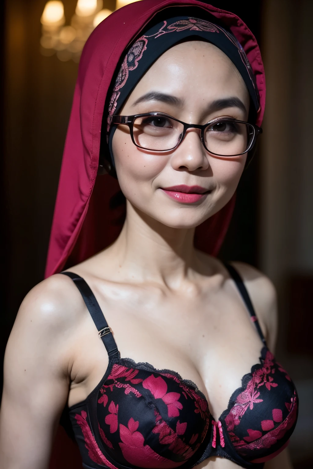 Spectacles, ((Old body lady:1.3)), ((Old lady:1.6)), (Happy smile), (((HIJAB MALAY GIRL))), masutepiece, High quality, UHD 32K, Realistic face, Realistic skin feeling , A Japanese Lady, 58 years old matured lady, , Very cute and baby-like face, (((FLAT CHEST))), (Night time at forest), ((look In front  at the camera and SADNESS)), (((CUTE GIRL))), ((DARK RED FLUORESCENT LIPS)), ((Floral Pattern)) little ((wearing strapless bra)), strapless colorful bra, dark night background , black forest night, horror scary place, (from behind up) seductive pose, ((Huge bra:1.6)) Heavy Nipples