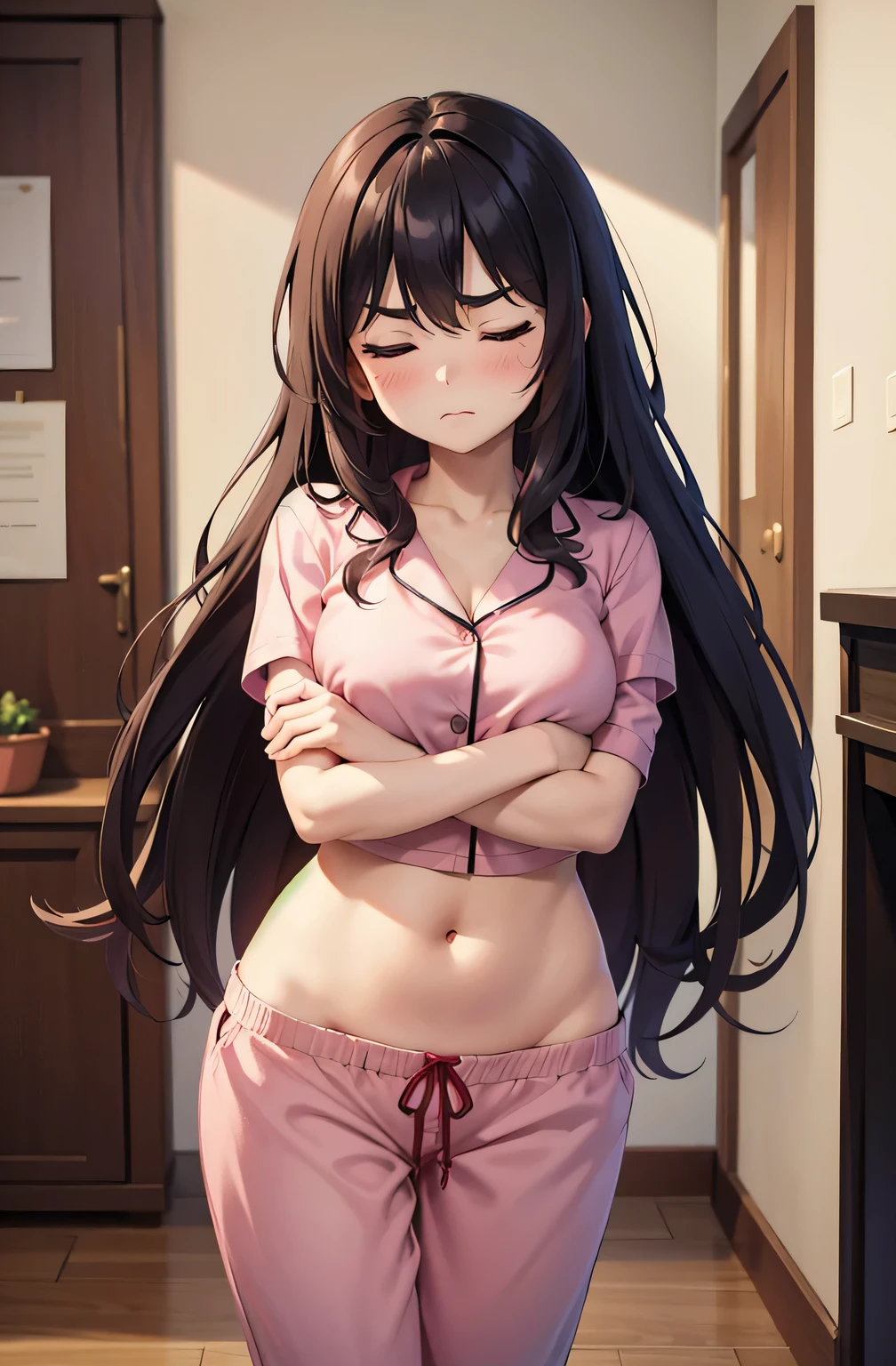 super fine illustration, vibrant colors, masterpiece, sharp focus, best quality, depth of field, cinematic lighting, ultra detailed, sleeves, crop top, pajamas, on up, pajama pants, drawstring, belly buttinnie, wide hips, 1 woman, home, solo, milf, veessy hair, dark color hair, long hair, slender, blush, room, indoors, eyes closed, pouting, mature femall woman, medium breasts, v-shaped s, crossed arms