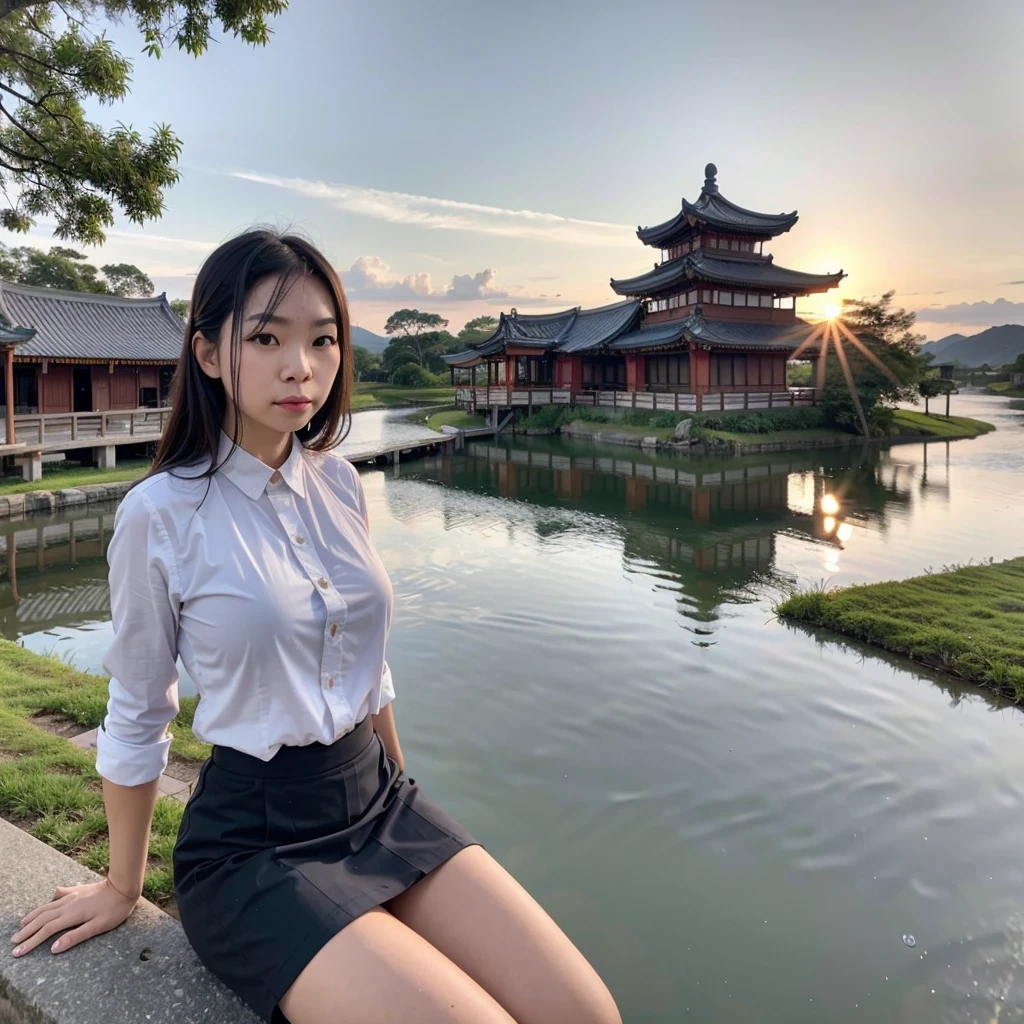 SFW, 1girl, solo focus, pov, very wide shot, landscape, east asian architecture, sunlight, sunrise, floating, cloud, sky, rain, water, full body, outdoors, scenery, depth of field