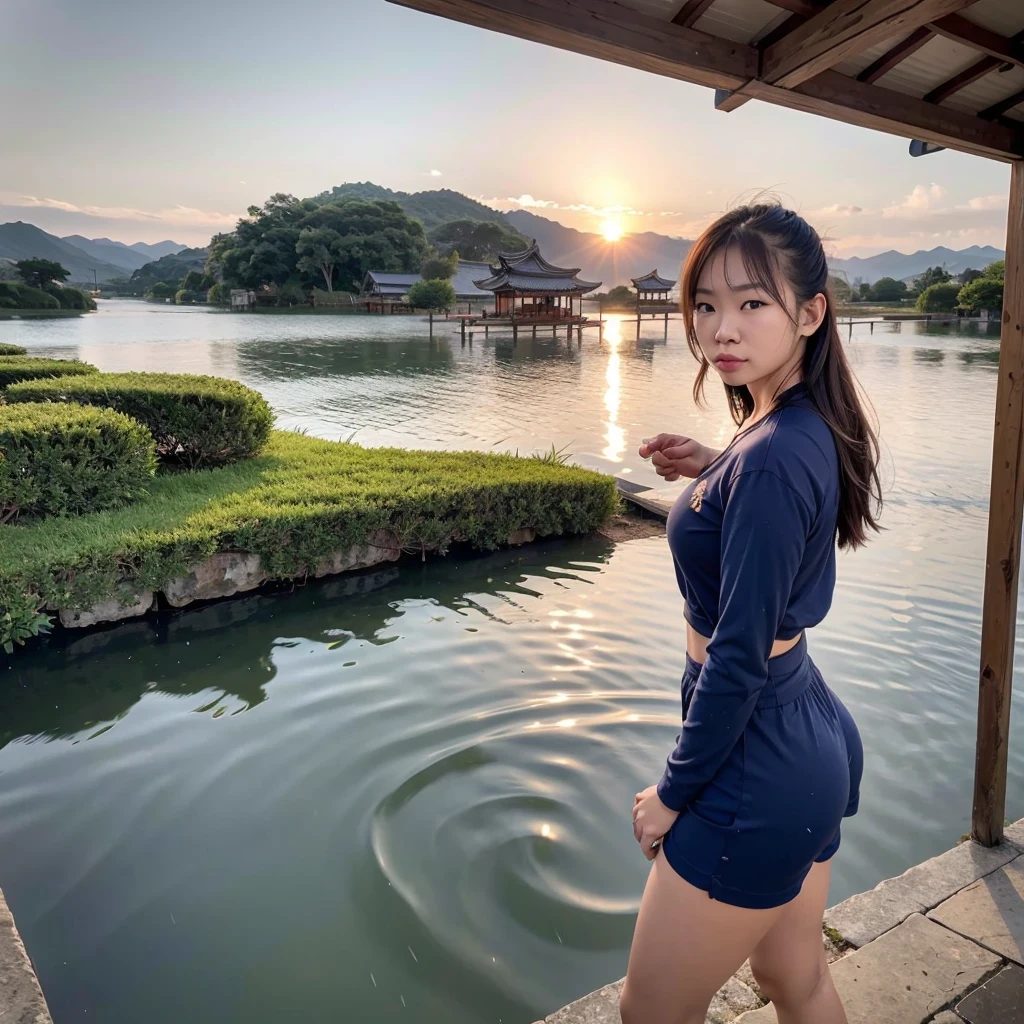 SFW, 1girl, solo focus, pov, very wide shot, landscape, east asian architecture, sunlight, sunrise, floating, cloud, sky, rain, water, full body, outdoors, scenery, depth of field