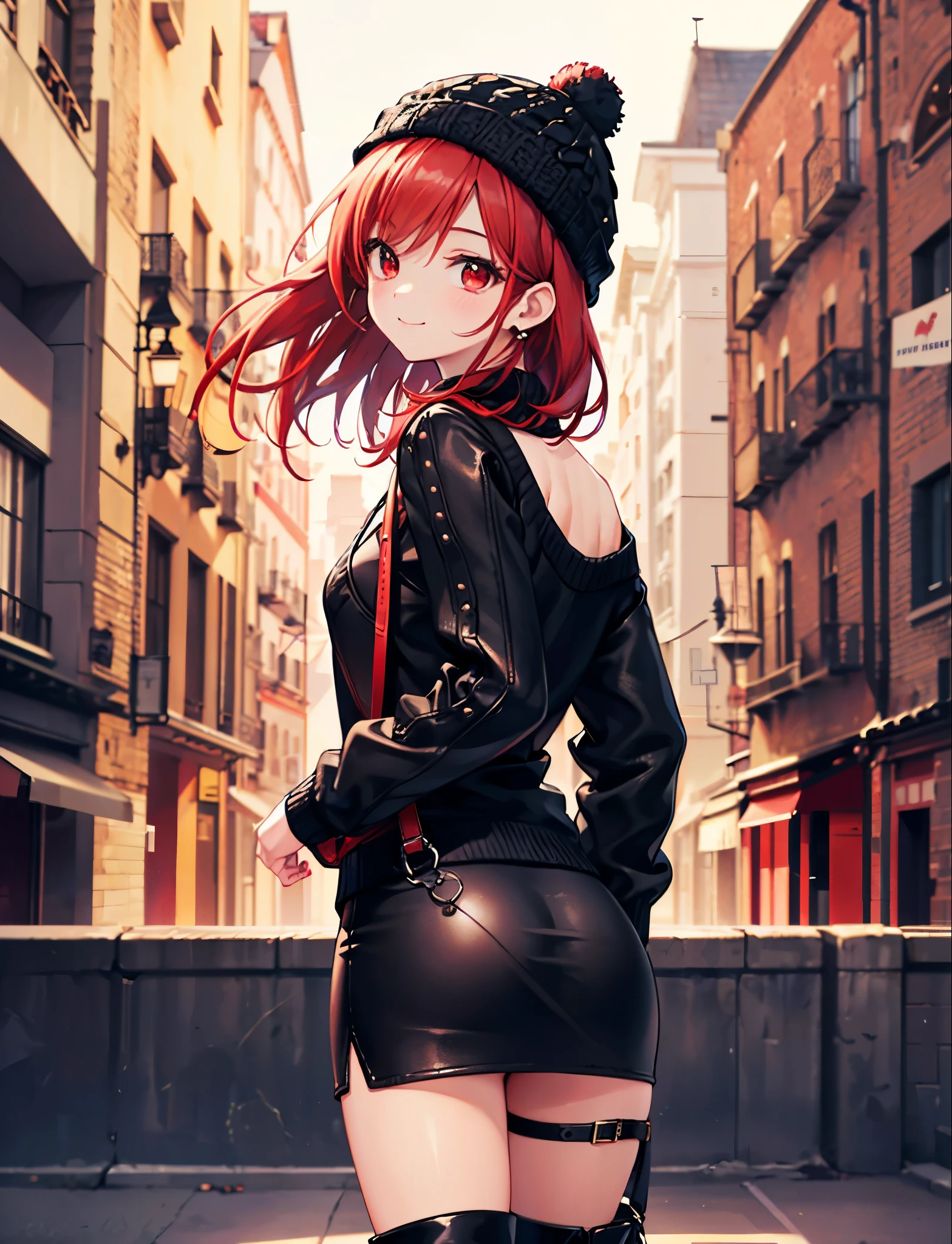 Realistic,highest quality, Ultra Detail, High-quality CG rendering, The most delicate and beautiful, Floating softly, High resolution, (1 girl), (Highest quality,4K,8K,masterpiece:1.2),(All red hair:1.5), (Medium Hair:1.5),(Red eyes:1.5), (Black leather jumper:1.3)、(Black Skirt:1.3),(Black boots:1.3)、(Black knitted hat:1.3)、pierced left ear,In the city,old buildings,(Turn your back to your audience:1.3),Ass,Small black shoulder bag,smile