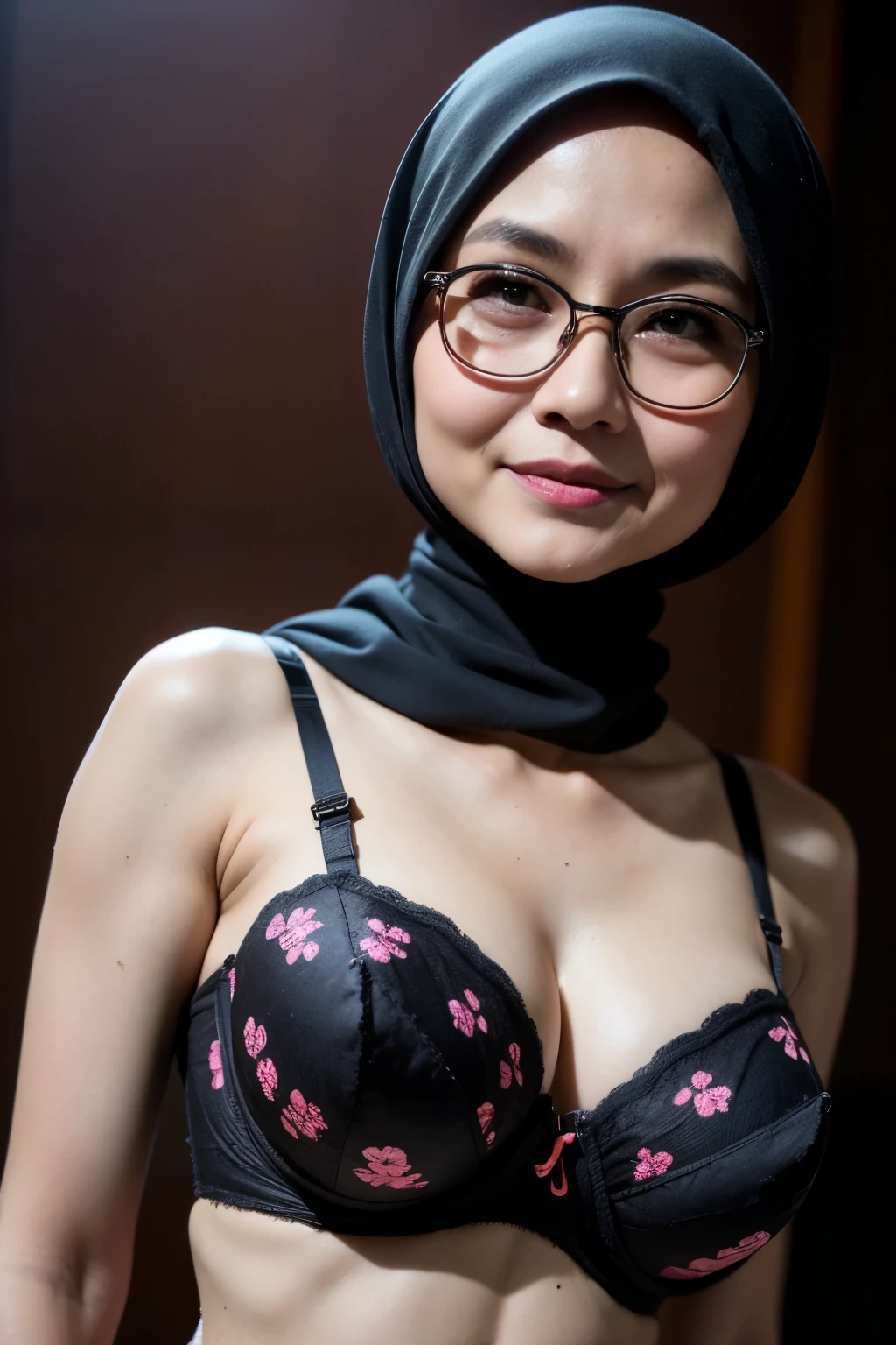 Spectacles, ((Old body lady:1.3)), ((Old lady:1.6)), (Happy smile), (((HIJAB MALAY GIRL))), masutepiece, High quality, UHD 32K, Realistic face, Realistic skin feeling , A Japanese Lady, 58 years old matured lady, , Very cute and baby-like face, (((FLAT CHEST))), (Night time at forest), ((look In front at the camera and SADNESS)), (((CUTE GIRL))), ((DARK GORL FLUORESCENT LIPS)), ((Floral Pattern)) little ((wearing strapless bra)), strapless colorful bra, dark night background , black forest night, horror scary place, (from behind up) seductive pose, ((Huge bra:1.6)) Heavy Nipples