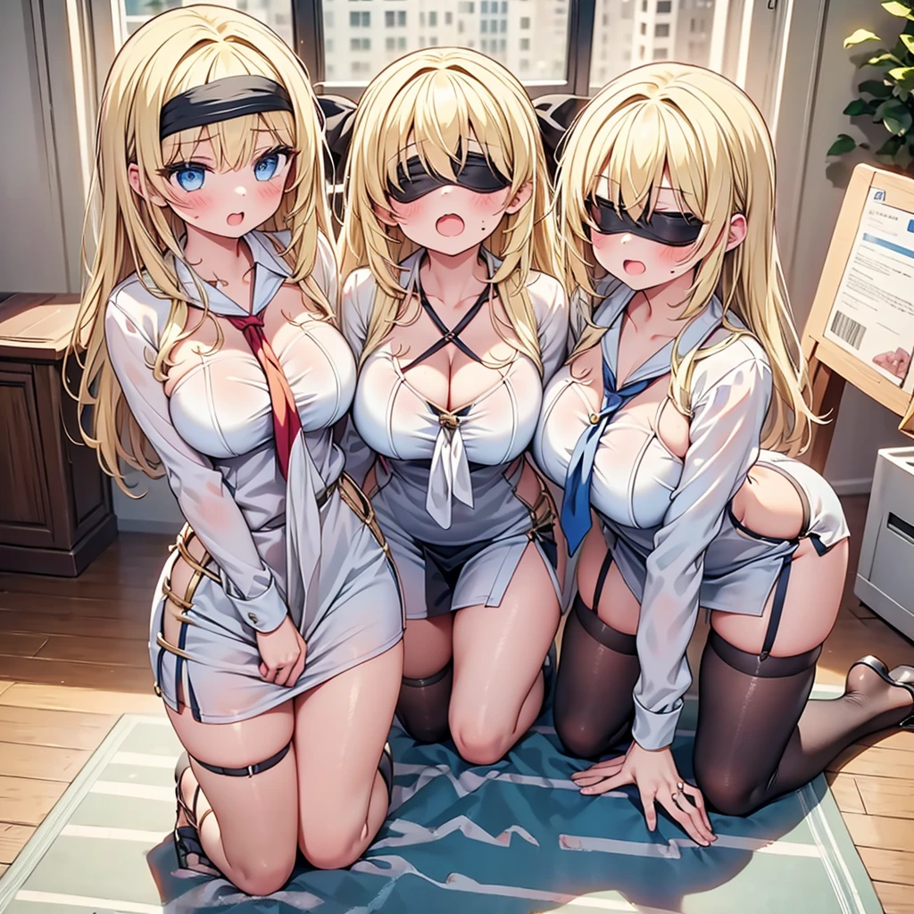 highest quality,wonderful,finely,extremely detailed CG Unity 8K wallpaper, (Stand in line:1.2), ((3 girls, blonde, clothed),black blindfold, blindfold:1.5), (huge breasts:1.1),(On all fours:1.3),(cleavage cutout), (open mouth:1.1), (long tongue:1.1), (mouth drool:1.1), (black stockings:1.1),(Thighs:1.2),(Waistline),(From above)