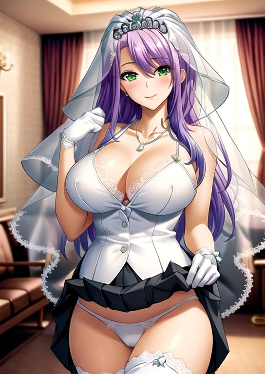 green_Eye, purple_hair, (hair spread out:1.2), (masterpiece:1.2), best quality, Game CG,high_detailed,extremely_detailed_CG_Unite_8k_wallpaper,illustration,high resolution,absurd,View, curtain, Light Particles, 1 Girl, blush, night, (bride:1.3), indoors, (portrait:1.3), church, (Wedding Veil:1.2), bride手套, bride吊襪帶, skirt, White gloves, cosmetic, High Leg Raise, (wedding skirt:1.4), (white skirt:1.2), White Leg Clothing, Lace, Lipstick, (skirt lift:1.5), white underwear, Lace, Bare shoulders, Necklace, necklace, (permanent:1.3), Huge breasts, Smile, Looking at the audience,