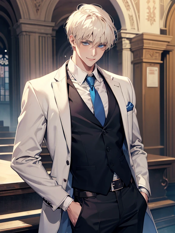 (Masterpiece, highres, best quality, finely detailed), male, smile expression facade, platinum blonde hair, short hair, White blazer, white shirt, blue tie, tan vest cardigan, belt, black pants, blue eyes, student, super detail, accurate.