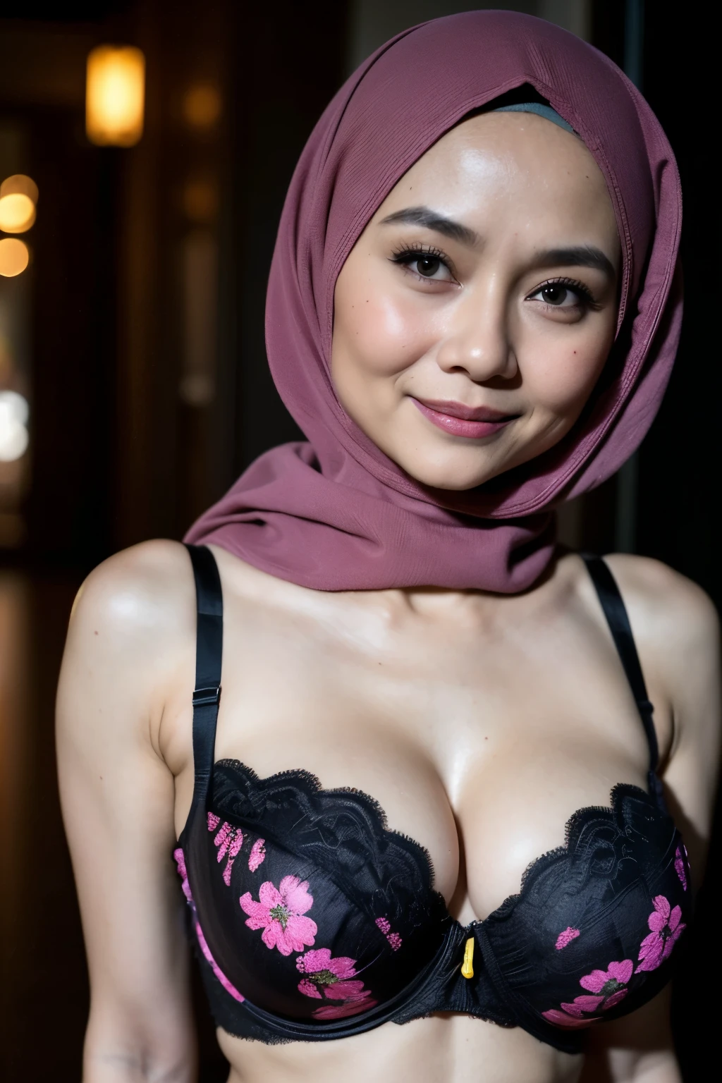 Spectacles, ((Old body lady:1.3)), ((Old lady:1.6)), (Happy smile), (((HIJAB MALAY GIRL))), masutepiece, High quality, UHD 32K, Realistic face, Realistic skin feeling , A Japanese Lady, 58 years old matured lady, , Very cute and baby-like face, (((FLAT CHEST))), (Night time at forest), ((look In front  at the camera and SADNESS)), (((CUTE GIRL))), ((DARK GORL FLUORESCENT LIPS)), ((Floral Pattern)) little ((wearing strapless bra)), strapless colorful bra, dark night background , black forest night, horror scary place, (from behind up) seductive pose, ((Huge bra:1.6)) Heavy Nipples