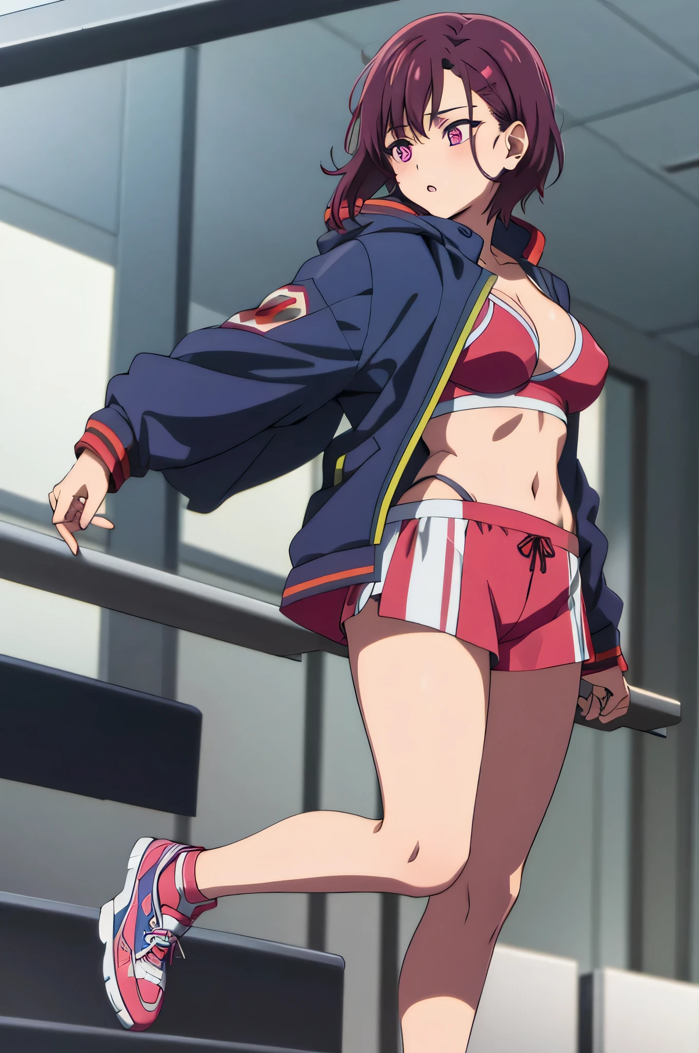 shizuka mikazuki, short hair, red hairpin, dark purple hair, purple eyes, pink sport bra, pink sport short, dark purple thighthigh, blue pink shoes, colorful jacket, outdoor high quality, best quality, ultra detailed, masterpiece, 1girl, young woman, big breast,