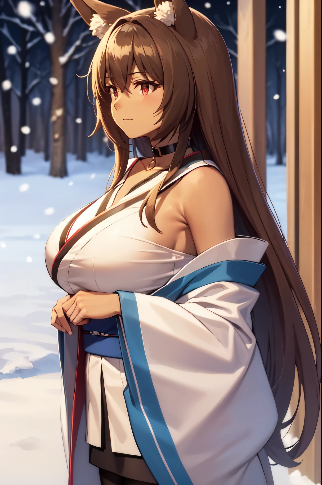 masterpiece, best quality, extremely detailed, 1girl, milf, solo, (dark skin:2), keyaru-mtf, (huge breasts:1.3), ((((brown hair), long hair, bangs, red eyes, fox ears))), parted lips, (((choker, wearing kimono, off-shoulders, pantyhose))), ((light smile), closed mouth), ((forest, winter, snowing))