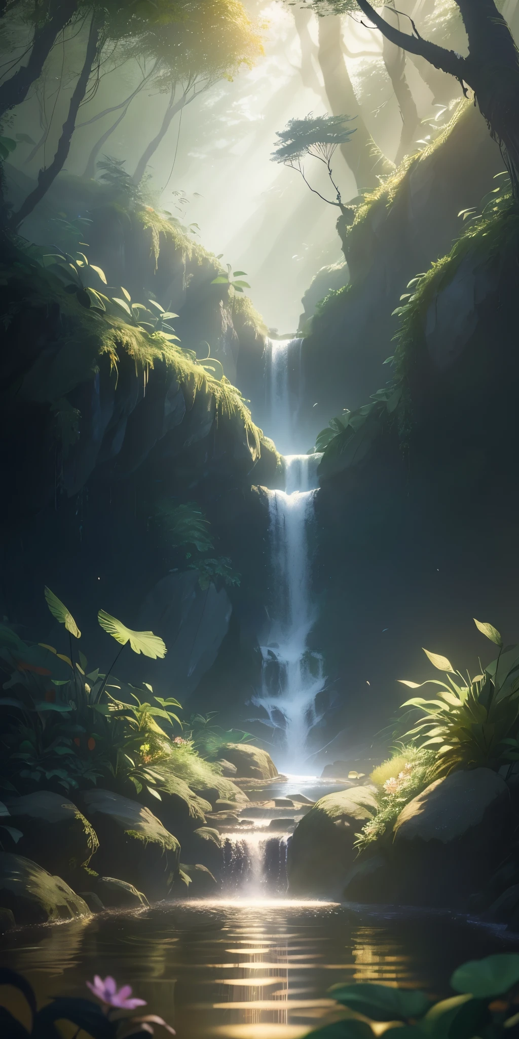 masterpiece, highest quality, (Highly detailed CG Unity 8k wallpaper), (highest quality), (Best illustrations), (Best Shadow), Glow Sprite, With the glowing deer, drinking water in the pool, natureの要素 in the forest theme. Mysterious Forest, Beautiful Forest, nature, Surrounded by flowers, delicate leaf and branches surrounded by fire Fly (natureの要素), (Jungle theme), (leaf), (Twig), (fire Fly), (Particle Effects) wait. 3D , Octane Rendering, Ray Tracing, Super detailed--v6