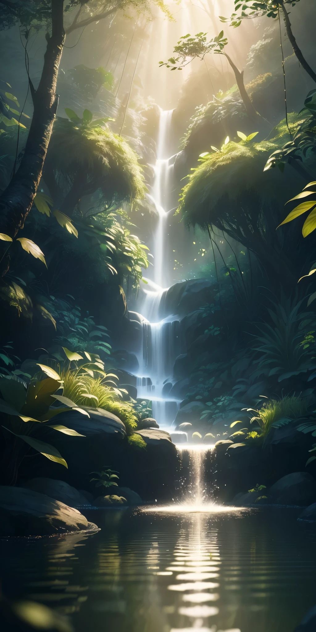 masterpiece, highest quality, (Highly detailed CG Unity 8k wallpaper), (highest quality), (Best illustrations), (Best Shadow), Glow Sprite, With the glowing deer, drinking water in the pool, natureの要素 in the forest theme. Mysterious Forest, Beautiful Forest, nature, Surrounded by flowers, delicate leaf and branches surrounded by fire Fly (natureの要素), (Jungle theme), (leaf), (Twig), (fire Fly), (Particle Effects) wait. 3D , Octane Rendering, Ray Tracing, Super detailed--v6
