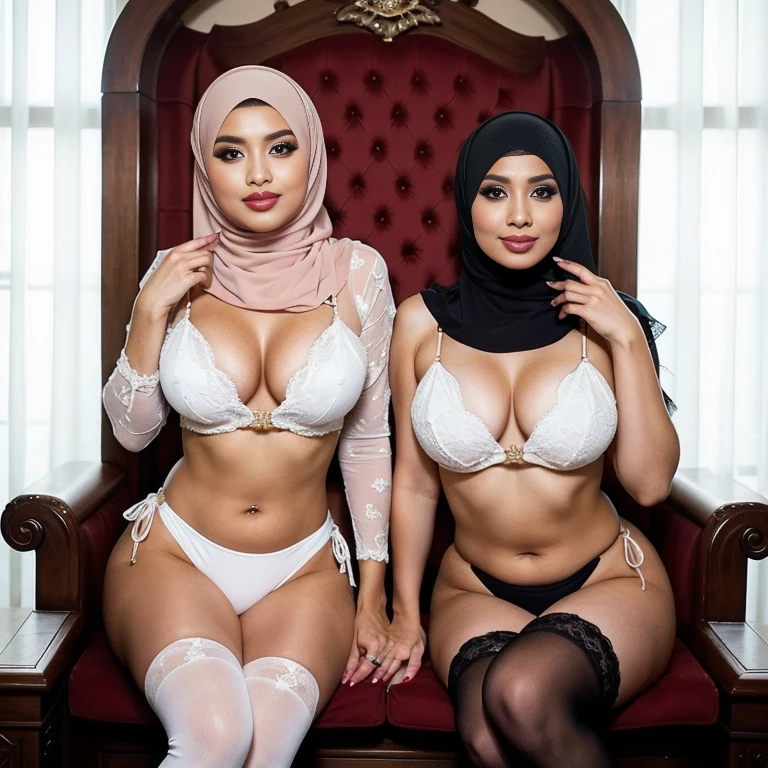 In a regal setting, two sexually attractive hourglass figure adult video star hijabi Muslim ladies sit side by side on a magnificent throne, radiating elegance and confidence. They share the same height and body proportions, creating a visually stunning image of unity and strength.
Both ladies wear white (lace hijabs), beautifully wrapped around their heads, framing their faces and accentuating their natural beauty. The delicate lace adds a touch of femininity and sophistication to their overall look.
Complementing their hijabs, both ladies wear white stockings string bikini that add a subtle hint of allure to their ensemble. The stockings enhance their elegant and poised posture, further highlighting their hourglass figures.
Their makeup is flawlessly applied, with striking red lips, voluminous mascara, captivating eye shadow, precise eyeliner, and luxurious lashes. These elements enhance their already mesmerizing features, drawing attention to their expressive eyes.
As they sit close to each other on the throne, they exude a sense of unity and sisterhood. Their presence showcases the beauty and strength of hijabi Muslim women, empowering others to embrace their identities and celebrate their unique beauty.
she is looking at viewer, skin texture, ultra high res, RAW, instagram LUT, masterpiece, best quality, ultra-detailed, ultra high resolution, RAW, 4k, (looking at viewer), extremely detailed eyes and face, ((beautiful detailed nose)), ((beautiful detailed thigh)), ((beautiful detailed eyes)), perfect body proportion, (looking at the camera), seductive face, cheerful, happy, (red thighhighs) (hijab) (SFW:1.5), five fingers, detailed fingers, (string bikini), cheerful, happy, smile