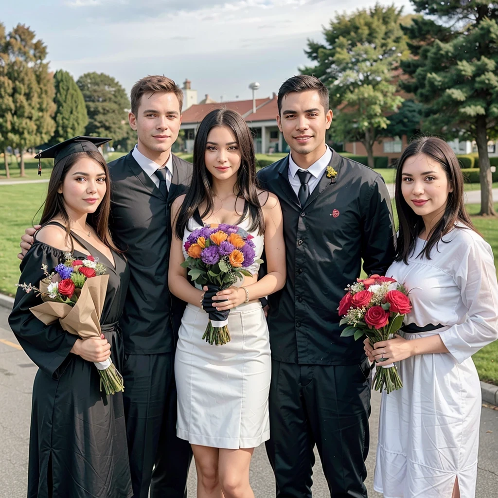 there are five people standing together holding a bouquet of flowers, graduation photo, family, wearing an academic gown, post graduate, taken in 2023 photo, happy family