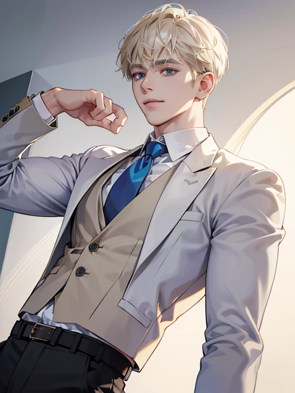 (Masterpiece, highres, best quality, finely detailed), male, smile expression facade, platinum blonde hair, short hair, White blazer, white shirt, blue tie, tan vest cardigan, belt, black pants, blue eyes, student, super detail, accurate.