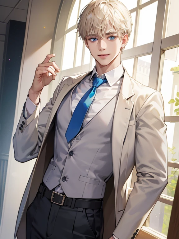 (Masterpiece, highres, best quality, finely detailed), male, smile expression facade, platinum blonde hair, short hair, White blazer, white shirt, blue tie, tan vest cardigan, belt, black pants, blue eyes, student, super detail, accurate.