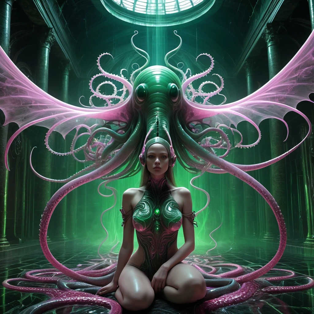 tentacle , NSFW, Asian girl fit slim young, NSFW, tentacles wrapped around her body, grabbing her, in mini bikini, abs bellybutton, slender figure, perfect body, abs, thigh highs, glowing dark fantasy intestines stomach, extremely high detail, realistic, photoreal, wet skin, horror, stuck, trapped