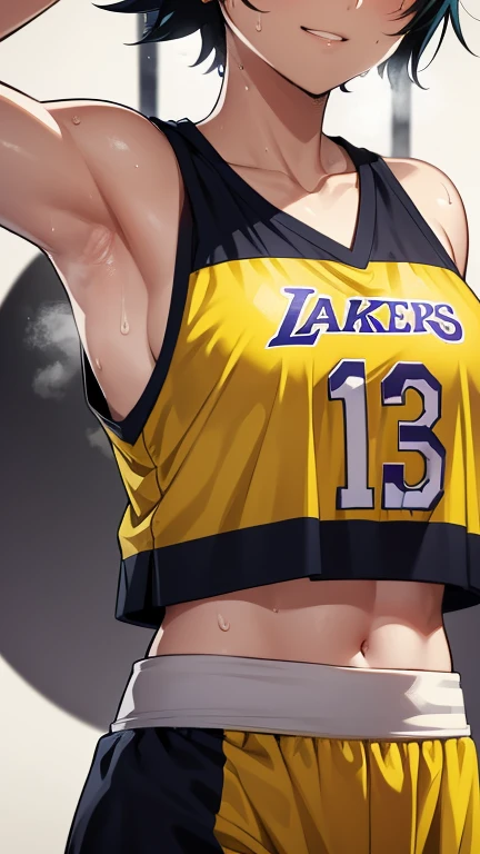 a close up of a person wearing a basketball uniform, a picture, inspired by Kentaro Miura, trending on pixiv, Soifon, Bleach, wearing yellow nba jersey, yellow croptop nba jersey, wearing a low cut croptop, wearing croptop, croptop, written "Lakers" on the croptop, golden raito, (winking), shirobako, large)}], favorite scene, fine details. anime. skins, sweating, big breasts, both hands raised, armpits, armpits visible, dripping with sweat, more more sweat, sweaty armpits, smile
