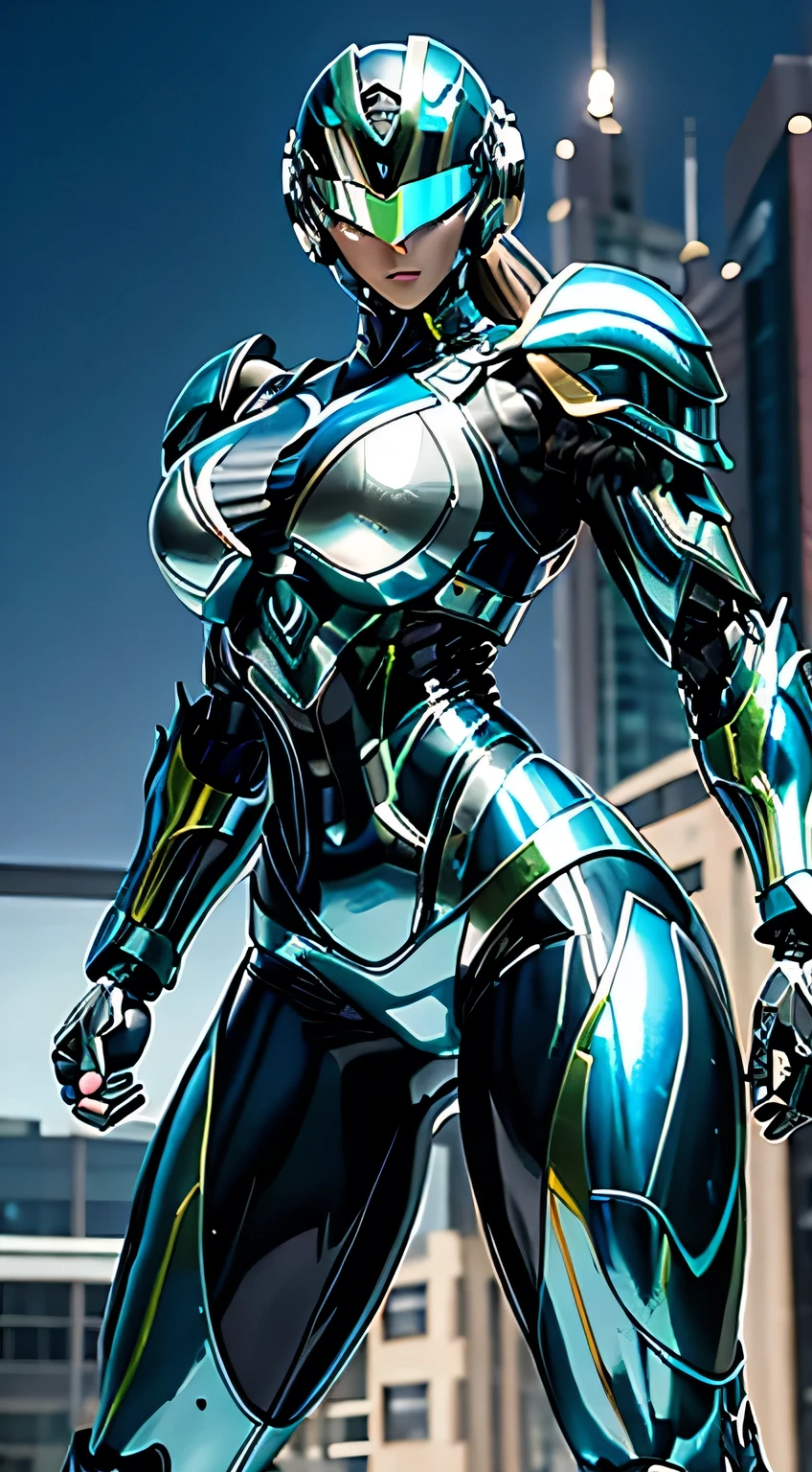 Female Robocop Solo、Bright outdoors、strong light source、8K, high quality, masterpiece, 最high quality、Very detailed、Armor that completely covers the whole body、Very large armor、Helmet covering the head、Clear photos、The eyes are hidden by thin, straight goggles:1.3、The lower half of the face is flesh:1.5、Face with exposed skin below the nose:5.0、Luscious lips、Fluorescent blue-green metallic armor with thin white lines、Armor that completely covers the chest、Long, slender legs、Vivid poseable body view,Big and ample breasts:1.5, (Sports Body:1.5)、Five Fingers、Photos in the city