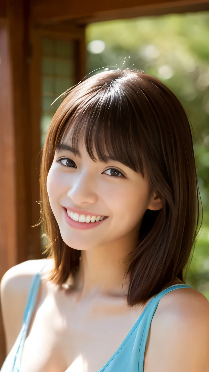 Japanese ),((beautiful girl)),Cleavage,Expressions that express a pleasant feeling:1.2,(Perfect body beauty:1.2),((Perfect body)),(A shy smile),Beautiful Teeth,