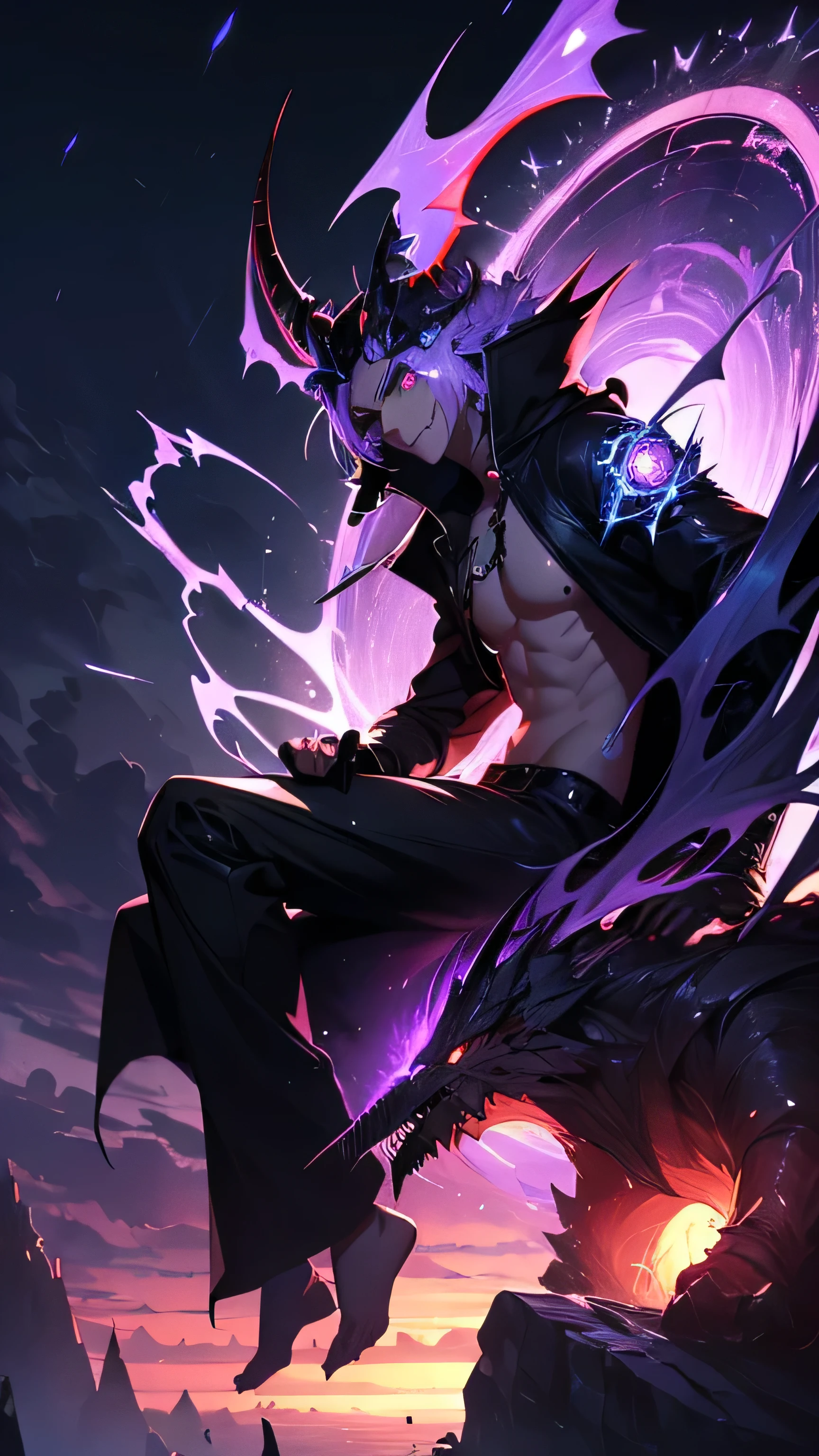 (absurdres, highres, ultra detailed, HDR), masterpiece, best quality, vampire male sitting on demon with a giant eye, in arrogant look, solo, vampire, male, demon eyeball, giant eyeball, disgusting, black demon wing, demon horn, handsome, purple eye, glowing eye, black robe, earring and accessory, bare chest, arrogant face, full body, magic vortex, spark, swirl, black and purple aura, dark purple cloudy sky, abyss, abstract background, from side, look up, evil smile