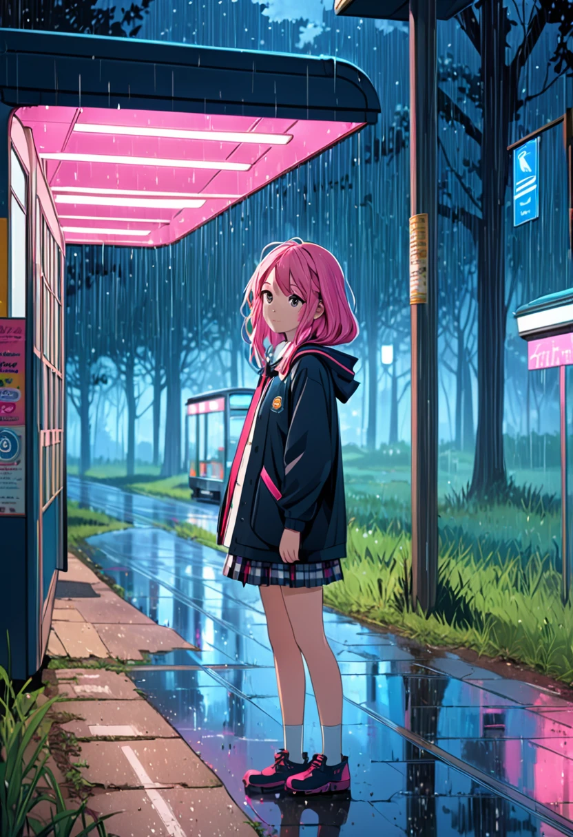 (girl waiting at the bus stop on a rural road while it rains and small, luminous glowing spirits come out of the forest), girl with a beautiful face, black and pink hair, defined details, messy school clothes, looking at the camera, "Generate an illustration in a style that blends organic shapes with geometric patterns, emphasizing vibrant colors and dynamic compositions."