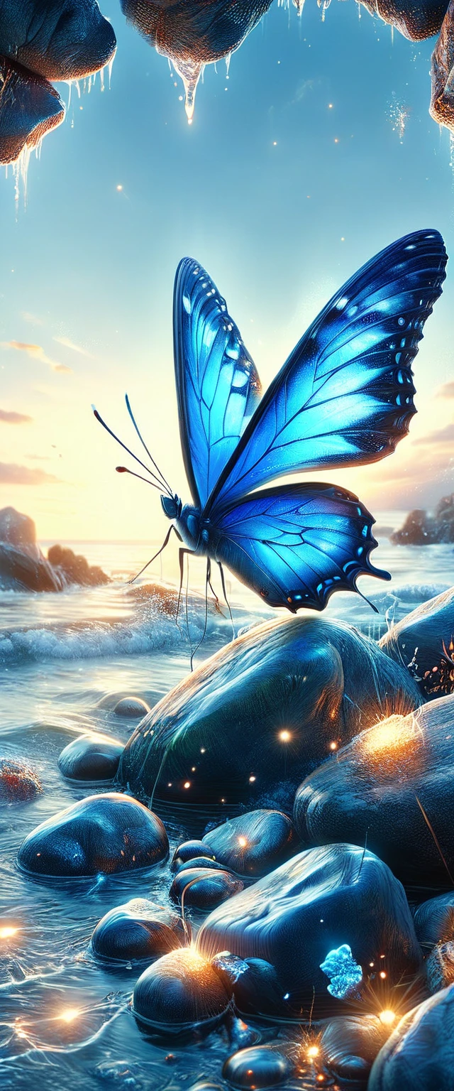 Best quality, 8k, high-res, masterpiece:1.2, ultra-detailed, hyper-realistic, perfect, award-winning, stunningly beautiful blue butterfly:1.5, majestic, rocks, cinematic sunrise, highly detailed, hyper-realistic, perfect, masterpiece:1.2, 8k, best photography, award-winning, highest quality in photography