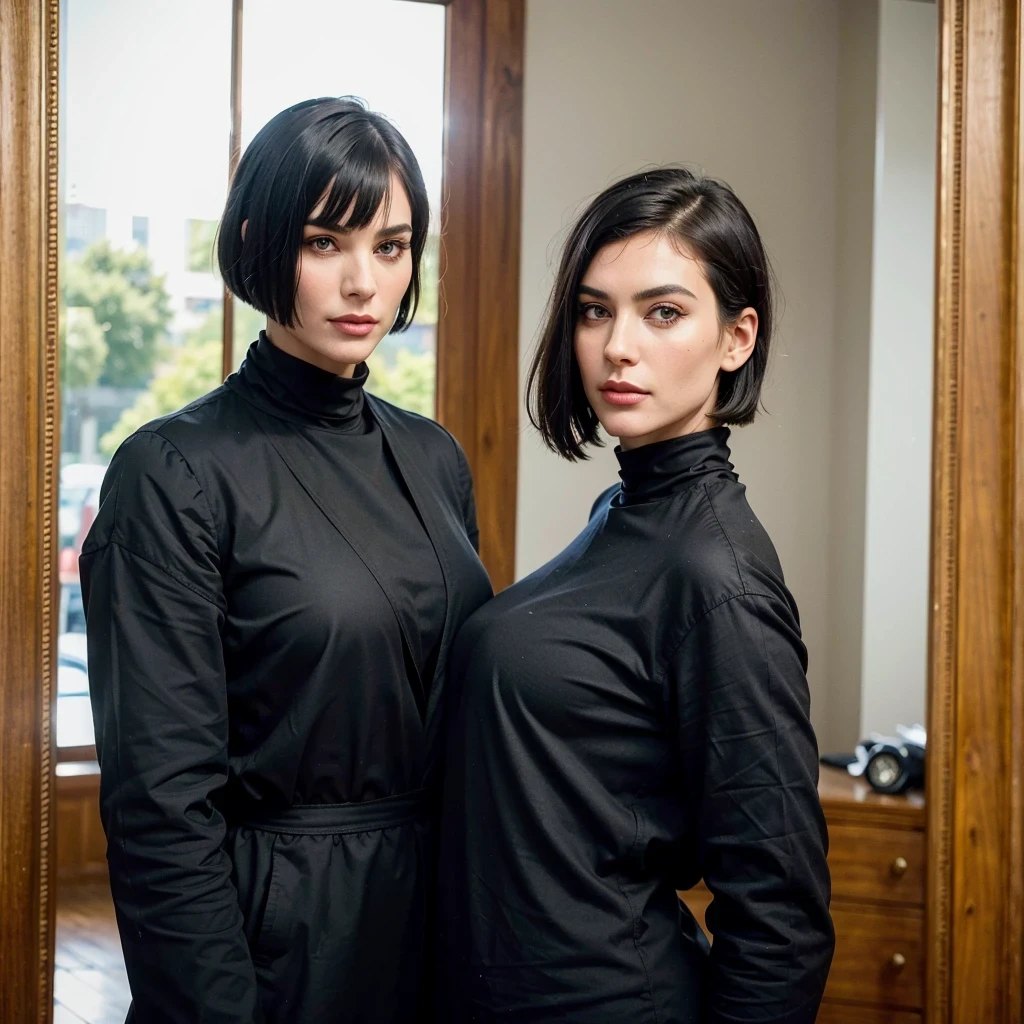 (highest resolution, distinct_image) best quality, ((two men)), supporting each other, masterpiece, high detail, semi-realistic, black short hair, black hair, bangs, mature, young, tall and strong, the right hand body is wearing a black coat, Stern and serious, tall and handsome, majestic and mighty, with exquisite facial features, ((with perspective mirror))