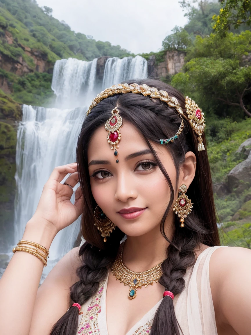 Beautiful woman, face focus wear indian chain headpiece, matha patti and mang tikka jewelry, smiling, twin braided hair, outdoor, waterfall mountain landscape, morning atmosphere