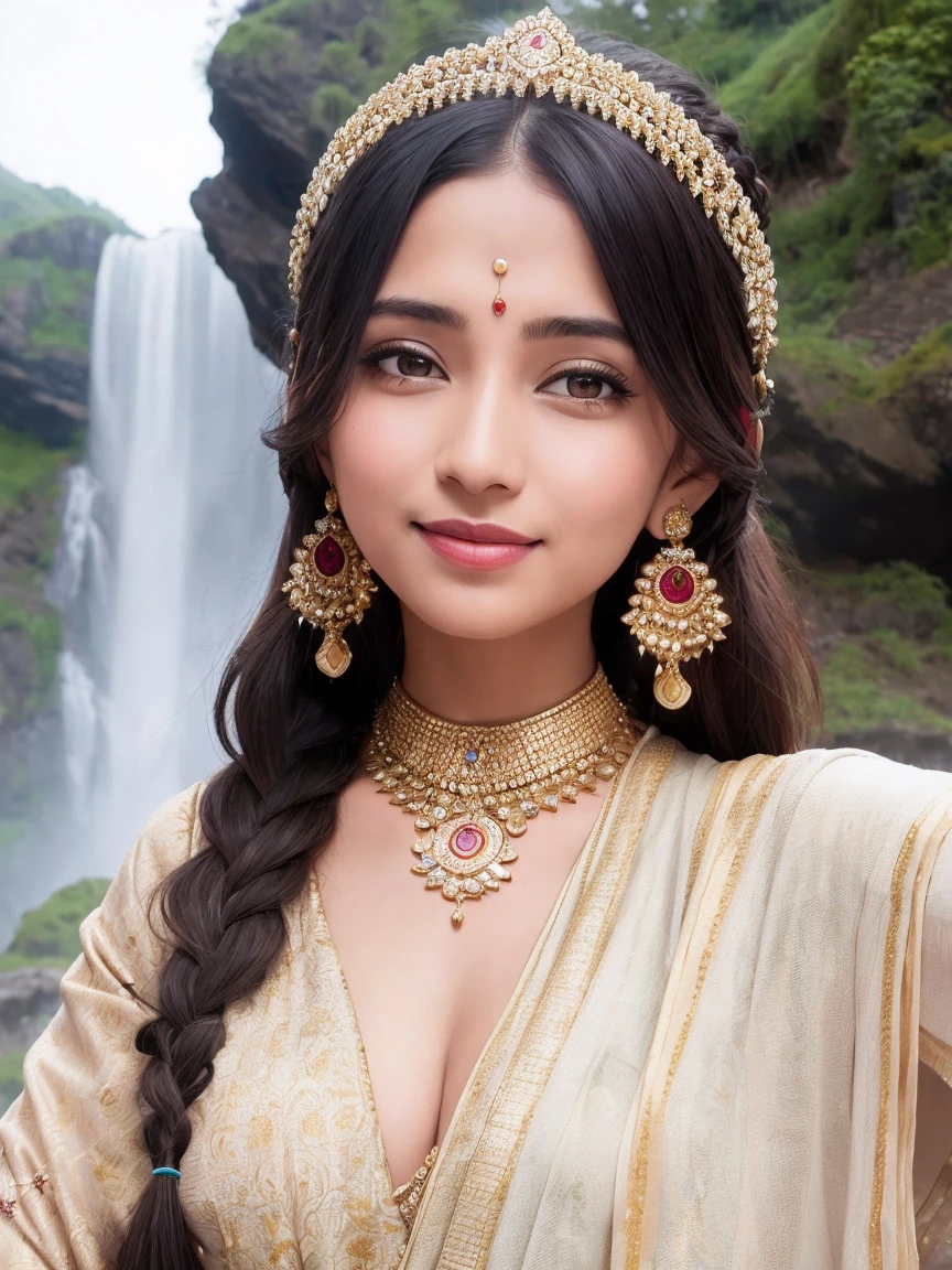 Beautiful woman, face focus wear indian chain headpiece, matha patti and mang tikka jewelry, smiling, twin braided hair, outdoor, waterfall mountain landscape, morning atmosphere