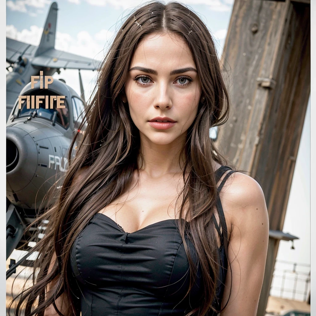 Realistic,Polite Dress,(Fighter Plane Action War Movie Poster),(Foundation Movie Reference: 1.8),Realistic,Air Force General Uniform,(Realistic Face Resolution),Cinematic Poses,Adult,Skinny,Small,Long Hair Dark Blonde Woman 1 Person,Serious Face,Science Fiction,Sci-Fi,Different Supporting Characters