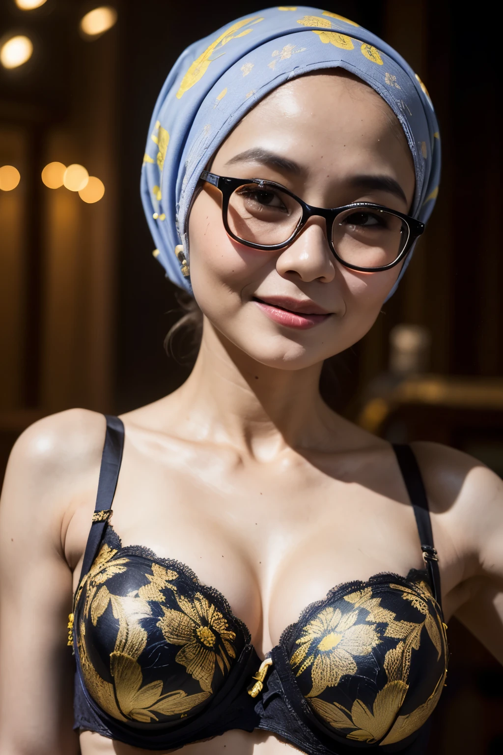 Spectacles, ((Old body lady:1.3)), ((Old lady:1.6)), (Happy smile), (((HIJAB MALAY GIRL))), masutepiece, High quality, UHD 32K, Realistic face, Realistic skin feeling , A Japanese Lady, 58 years old matured lady, , Very cute and baby-like face, (((FLAT CHEST))), (Night time at forest), ((look In front  at the camera and SADNESS)), (((CUTE GIRL))), ((GOLD FLUORESCENT LIPS)), ((Floral Pattern)) little ((wearing strapless)), strapless colorfull, dark night background , black forest night, horror scary place, (from behind up) seductive pose, ((Huge bra:1.6)) Heavy Nipples