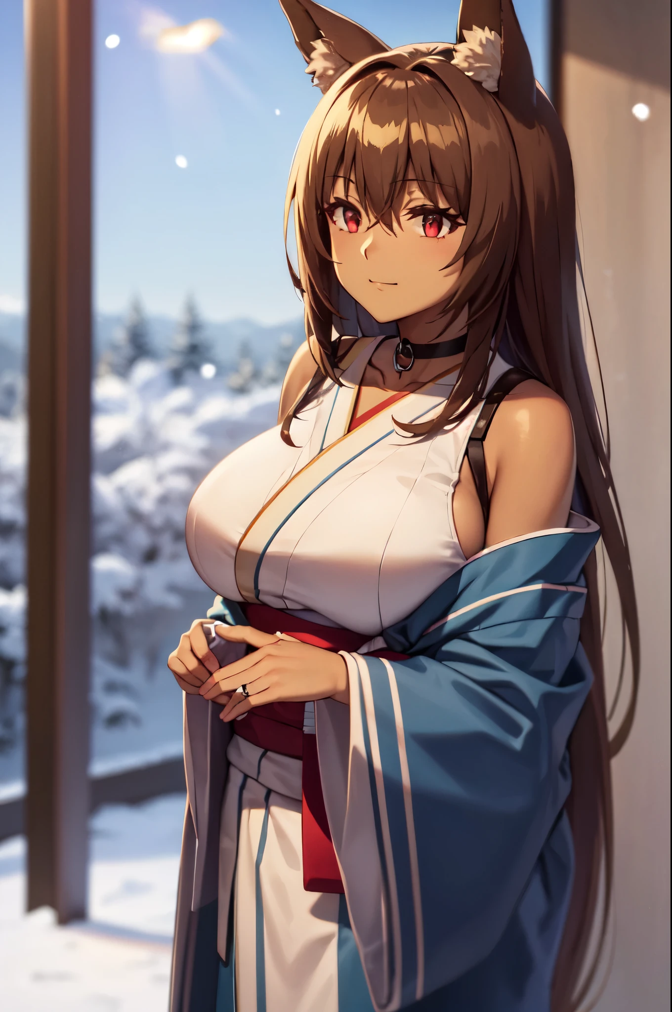 masterpiece, best quality, extremely detailed, 1girl, milf, solo, (dark skin:2), keyaru-mtf, (huge breasts:1.3), ((((brown hair), long hair, bangs, red eyes, fox ears))), parted lips, (((choker, wearing kimono, off-shoulders, pantyhose))), ((light smile), closed mouth), ((forest, winter, snowing))