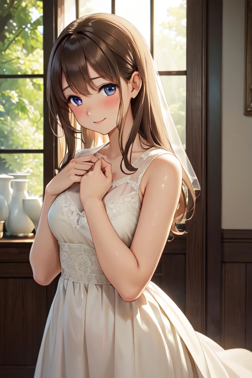 (High quality, High resolution, Fine details), white dress, Old private house, ancient, sunlight filtering through cracks, serene expression, graceful pose, gentle breeze, ethereal atmosphere, dreamlike, soft color palette, warm golden tones, soft lighting, delicate lace details on the dress, flowing fabric, surreal, melancholic beauty, mysterious, timeless scene, sense of nostalgia, quiet solitude, solo, curvy women, light brown hair, sparkling eyes, (Detailed eyes:1.2), smile, blush, Sweat, Oily skin, shallow depth of field