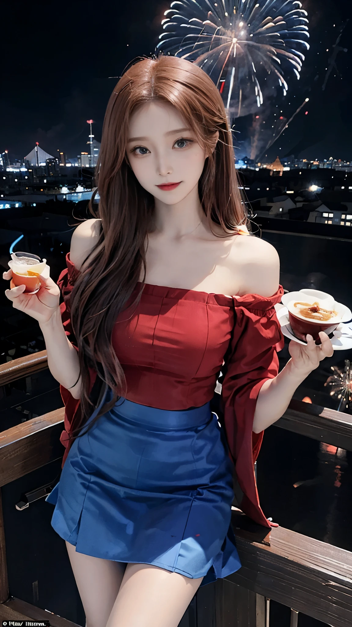 POV,from above,masterpiece,Japanese anime style,Beauty with long reddish-brown hair and blue eyes,A confident smile,Drinking coffee on a skyscraper observation deck, Wearing an off-shoulder top and a red skirt,Sky with full moon and fireworks