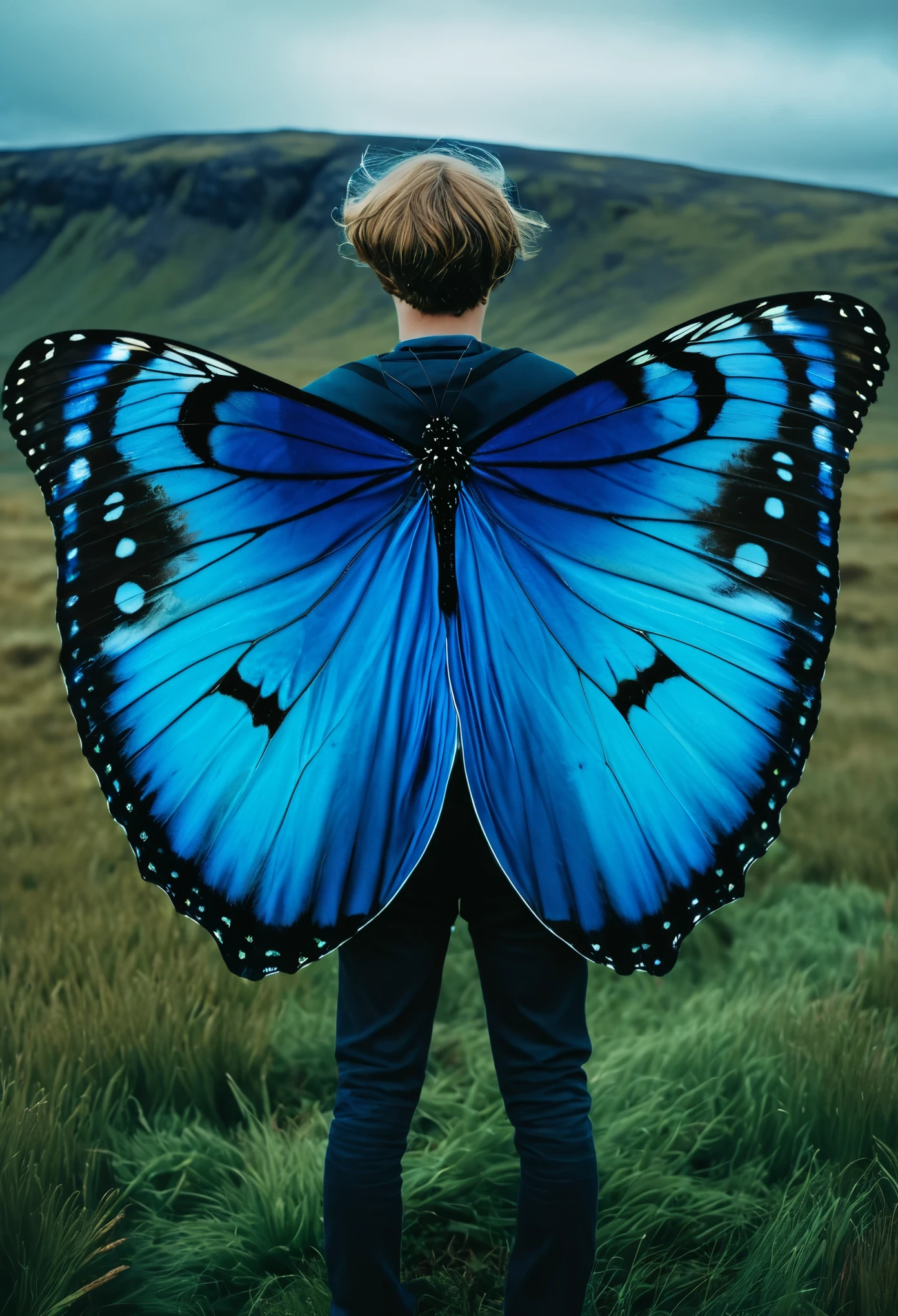 Young man with butterfly wings black and blue Icelandic fantasy, poetic, otherworldly, surreal, fantasy, maximalism, cinematic, rich tones, vibrant colors, mamiya 7 ii:2
35mm photography, wide angle lens