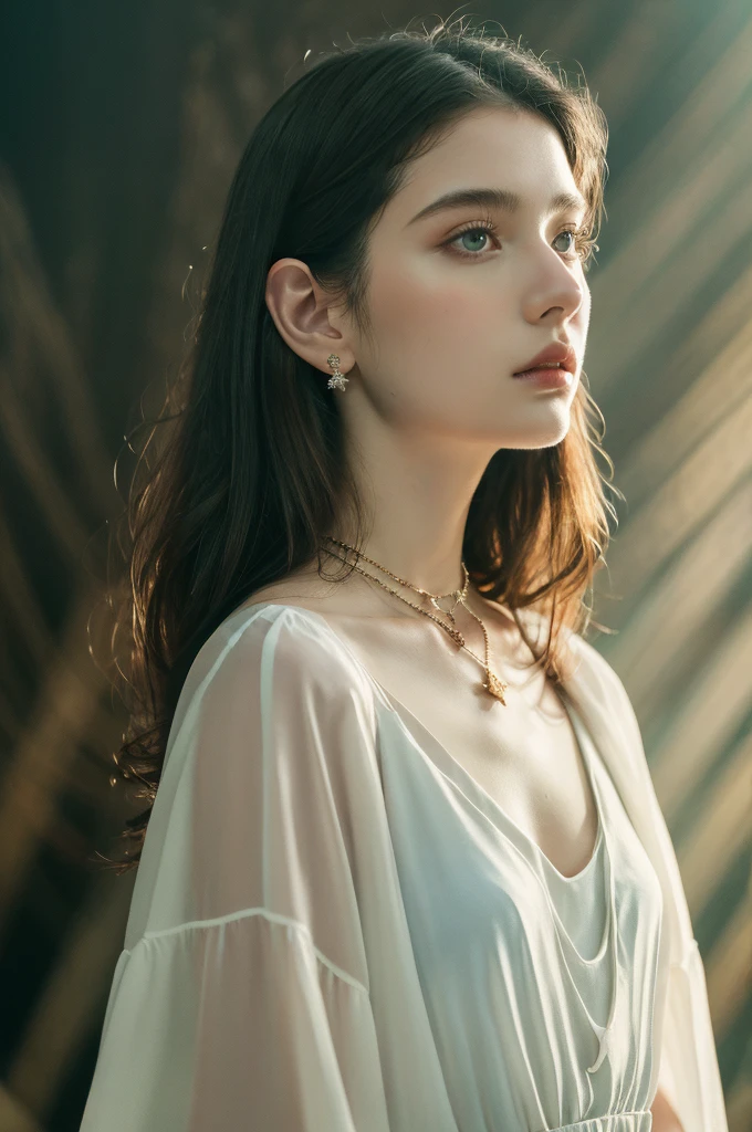 ( masterpiece, top quality, best quality,8k,17 years old girl,ultra detailed,raw photo:1.5),(photorealistic:1.4), (cinematic lighting), PerfectNwsjMajic, , Surrealism, UHD, ccurate, Super detail, textured skin, High detail, Best quality, dynamic angle, White skin,[Beautiful blue eyes], high nose,[flat chest:large breasts:0.5],(1girl),(good anatomy:0.5)), Dreamy atmosphere, Dark,expressive brush strokes, mystical ambiance, Artistic interpretation, Stunning Studio Ghibli style costumes, a whimsical illustration, Subtle colors and tones, mystical aura, jewelry ,sparkling,  loose hair , white outfit 
