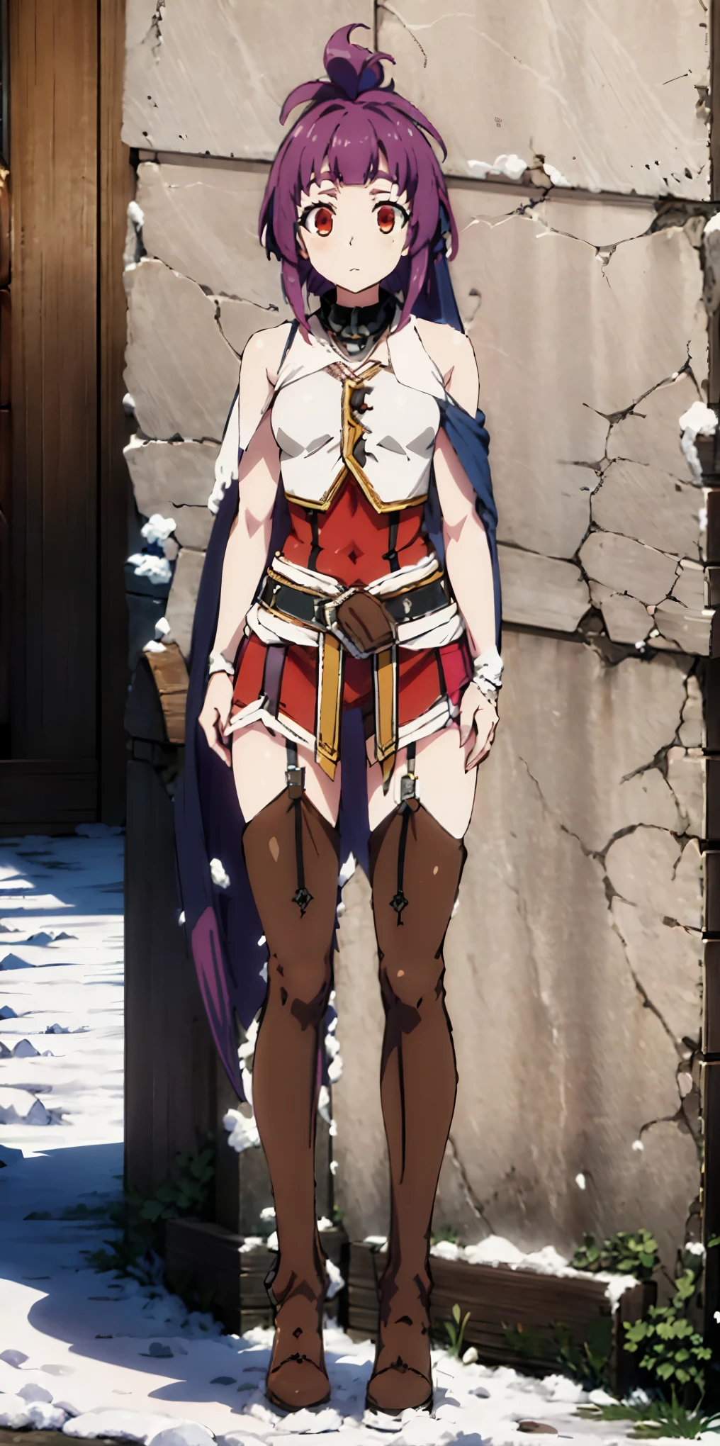 full body standing straight symmetrical, FEMALE warrior princess, big belt around waist, hair, very white skin like snow, wearing full heavy armor red cape, brown leather boots, adventurer outfit, veteran warrior
