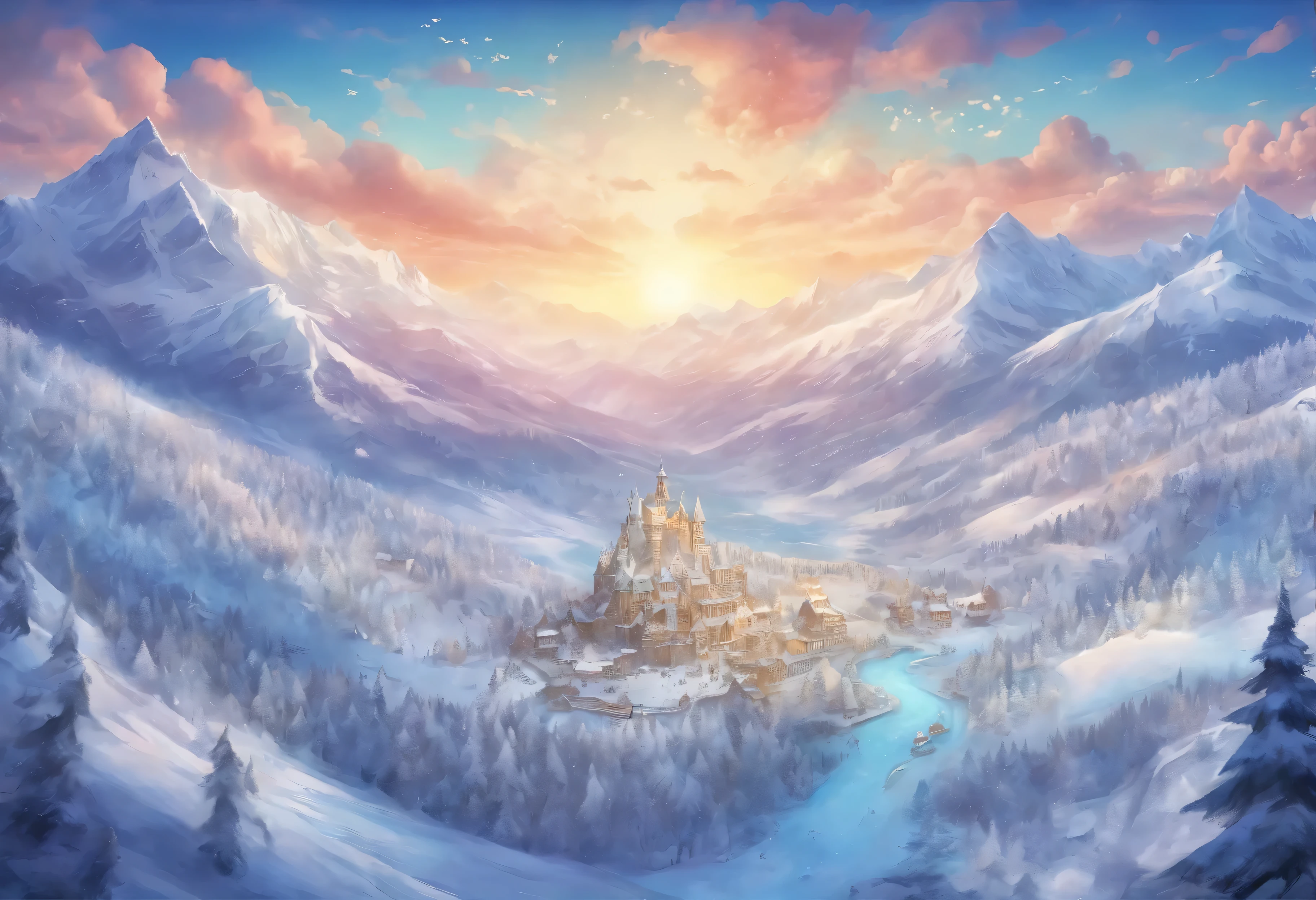 (best quality,4K,8k,high resolution,masterpiece:1.2),Super detailed,Practical,Beautifully illustrated fantasy world map,Seamless connectivity across 4 continents,Vivid colors and intricate details,Ancient ruins and mysterious landmarks are scattered throughout,The map depicts various geographic features，For example, snow-covered mountains,Snow-covered forest,Vast ice fields，Frozen rivers，Snow covered city, The map is decorated with snowflakes，The entire map shows a winter scene,Illuminate stunning landscapes with a sense of wonder and adventure.