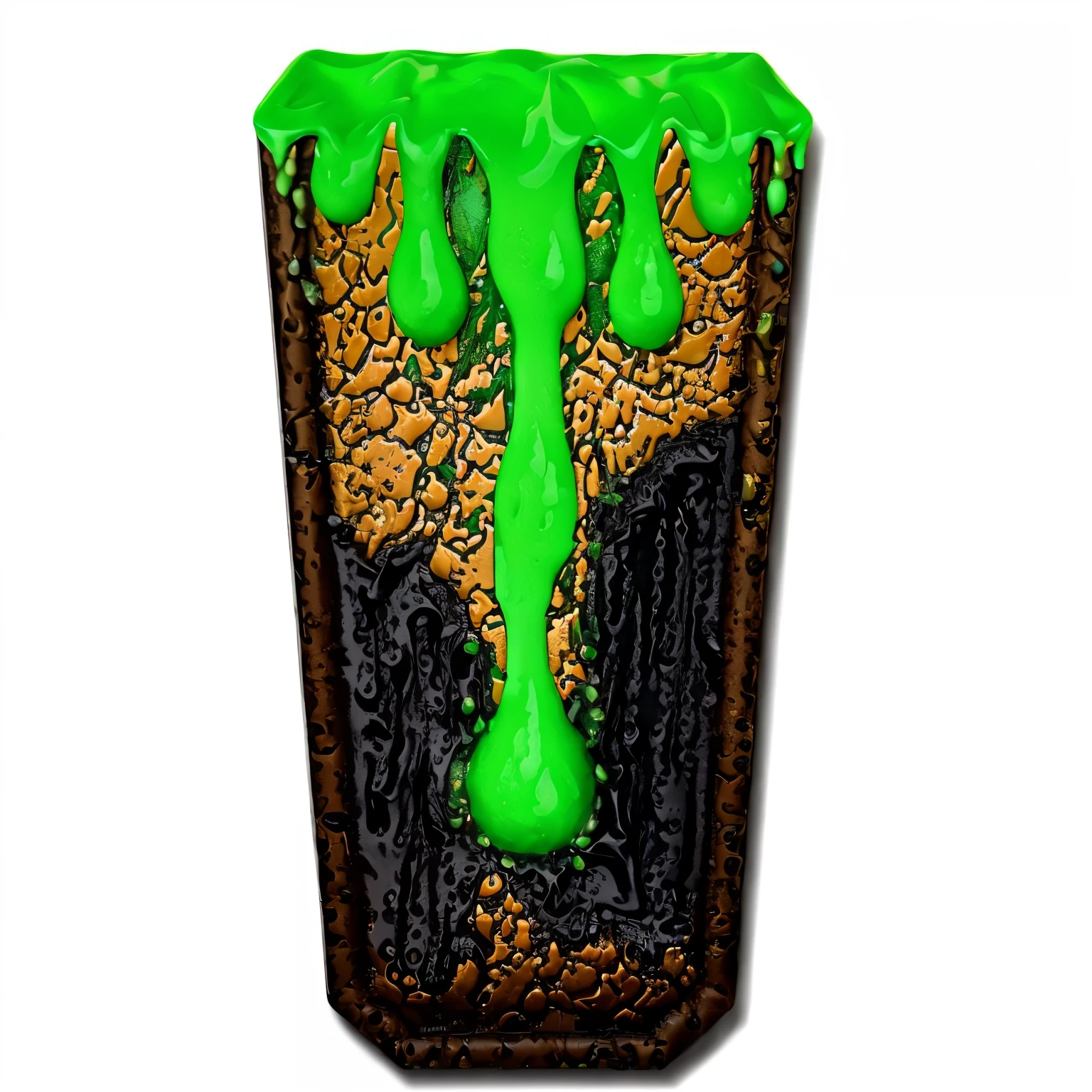 there is a cake with green icing on it and a black background, wrestling shin protecter, green slime dripping, toxic slime, toxic drips, green and red radioactive swamp, poison dripping, hyperdetailed scp artifact jar, rotten green skin, green slime everywhere, green slime, sprite art, slime, gelatinous green goop, green oozing pool pit, cup of death, slimes